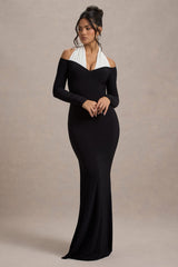 Black & White Halter-Neck Split Maxi Dress