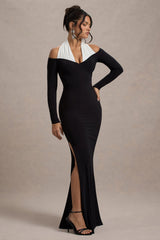 Black & White Halter-Neck Split Maxi Dress