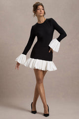 Black Long-Sleeve Mini Dress With White Satin Trims