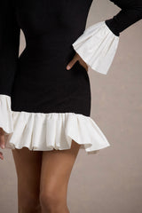 Black Long-Sleeve Mini Dress With White Satin Trims