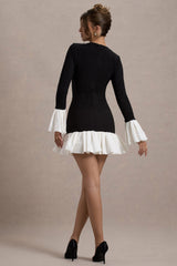 Black Long-Sleeve Mini Dress With White Satin Trims