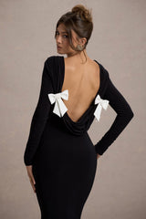 Black Long-Sleeve Cowl-Back Maxi Dress With Bows