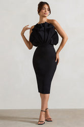 Black Ruffled Strapless Midi Dress