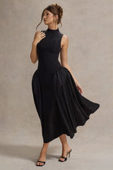 Black High-Neck Volume-Skirt Midi Dress