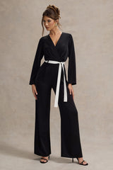 Black Tailored Plunge Jumpsuit With Tie Waist