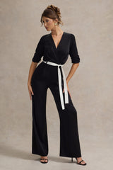 Black Tailored Plunge Jumpsuit With Tie Waist