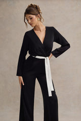Black Tailored Plunge Jumpsuit With Tie Waist