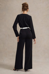 Black Tailored Plunge Jumpsuit With Tie Waist