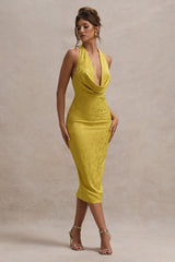 Mustard Satin Jacquard Cowl-Neck Midi Dress