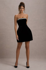 Black Velvet Embellished Bandeau Mini Dress