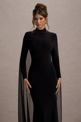 Black High-Neck Long-Sleeve Maxi Dress With Cape