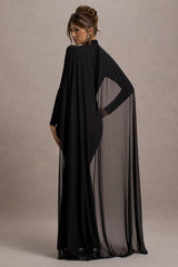 Black High-Neck Long-Sleeve Maxi Dress With Cape