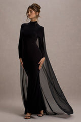 Black High-Neck Long-Sleeve Maxi Dress With Cape