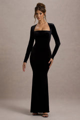 Black Velvet Square-Neck Long-Sleeve Maxi Dress