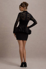 Black Lace Long-Sleeve Peplum Mini Dress