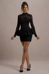 Black Lace Long-Sleeve Peplum Mini Dress