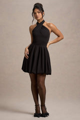 Black Halter-Neck Mini Dress With Puff-Ball Skirt