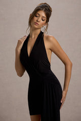 Black Plunge-Neck Draped Wrap Mini Dress