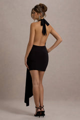 Black Plunge-Neck Draped Wrap Mini Dress