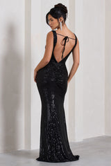Black Sequin Open-Back Bodycon Maxi Dress