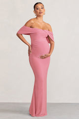 Blush Pink Draped Sleeve Bardot Maternity Maxi Dress