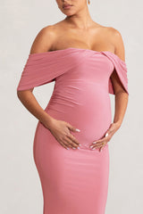 Blush Pink Draped Sleeve Bardot Maternity Maxi Dress