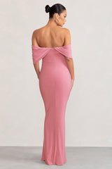 Blush Pink Draped Sleeve Bardot Maternity Maxi Dress