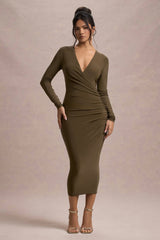 Khaki Bodycon Plunge-Neck Midi Dress