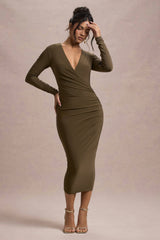 Khaki Bodycon Plunge-Neck Midi Dress