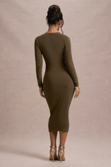 Khaki Bodycon Plunge-Neck Midi Dress