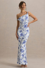 Blue Floral Twisted Asymmetric Maxi Dress