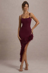 Burgundy Strappy Corset Asymmetric Maxi Dress With Feather Trim