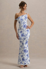 Blue Floral Twisted Asymmetric Maxi Dress