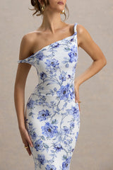 Blue Floral Twisted Asymmetric Maxi Dress