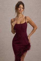 Burgundy Strappy Corset Asymmetric Maxi Dress With Feather Trim