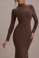 Chocolate High-Neck Long-Sleeve Maxi Dress