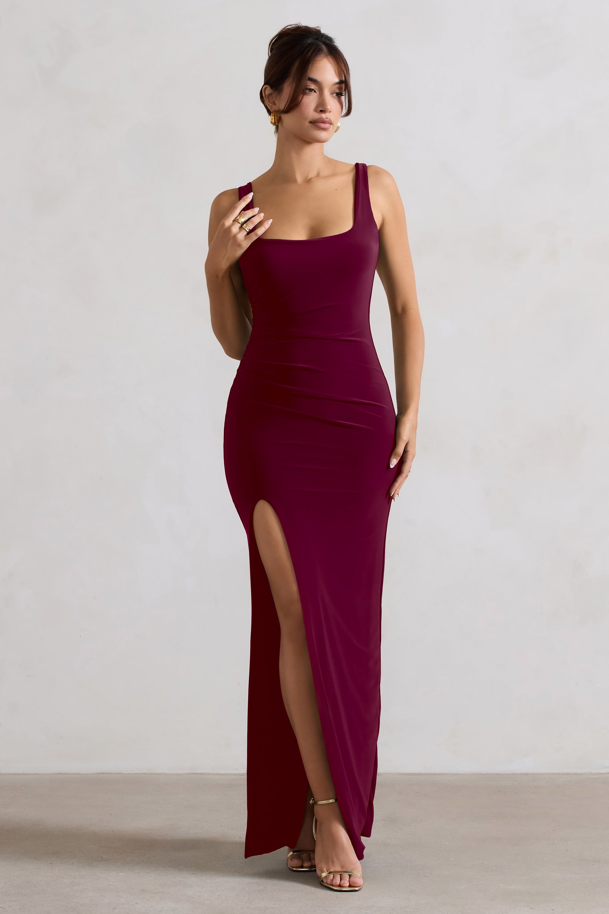 Berry Square Neck Maxi Dress with Plunge Back and Side Thigh Split