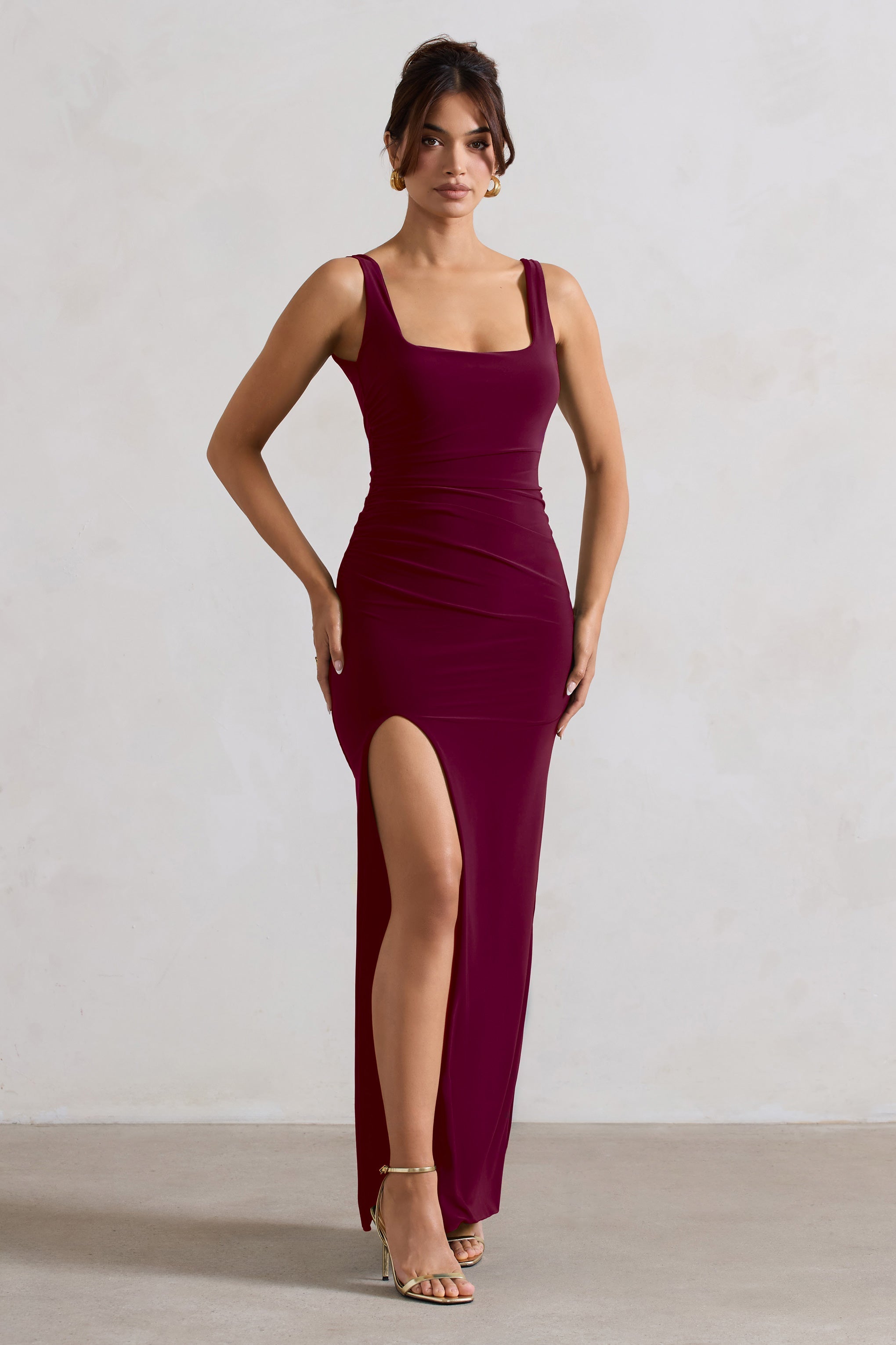Berry Square Neck Maxi Dress with Plunge Back and Side Thigh Split