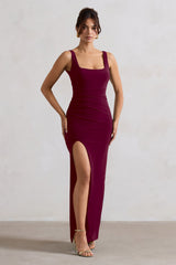 Berry Square Neck Maxi Dress with Plunge Back and Side Thigh Split