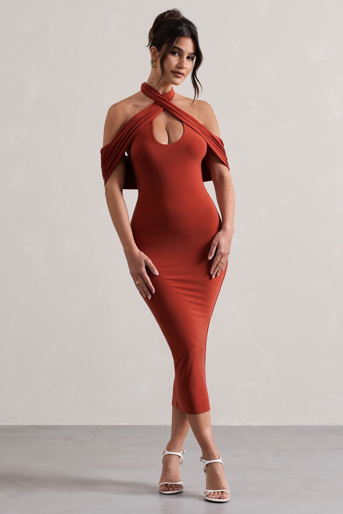 Terracotta Bodycon Halter-Neck Midi Dress With Cut-Out