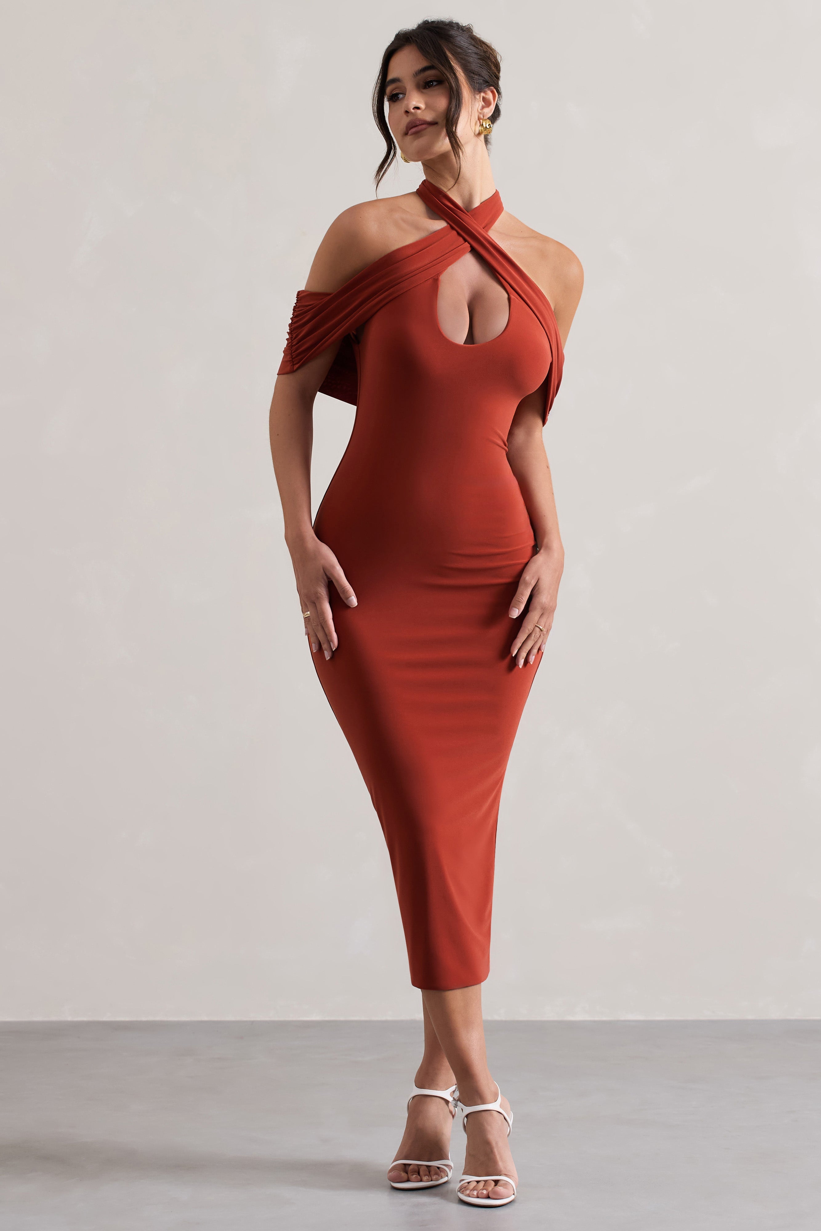 Terracotta Bodycon Halter-Neck Midi Dress With Cut-Out