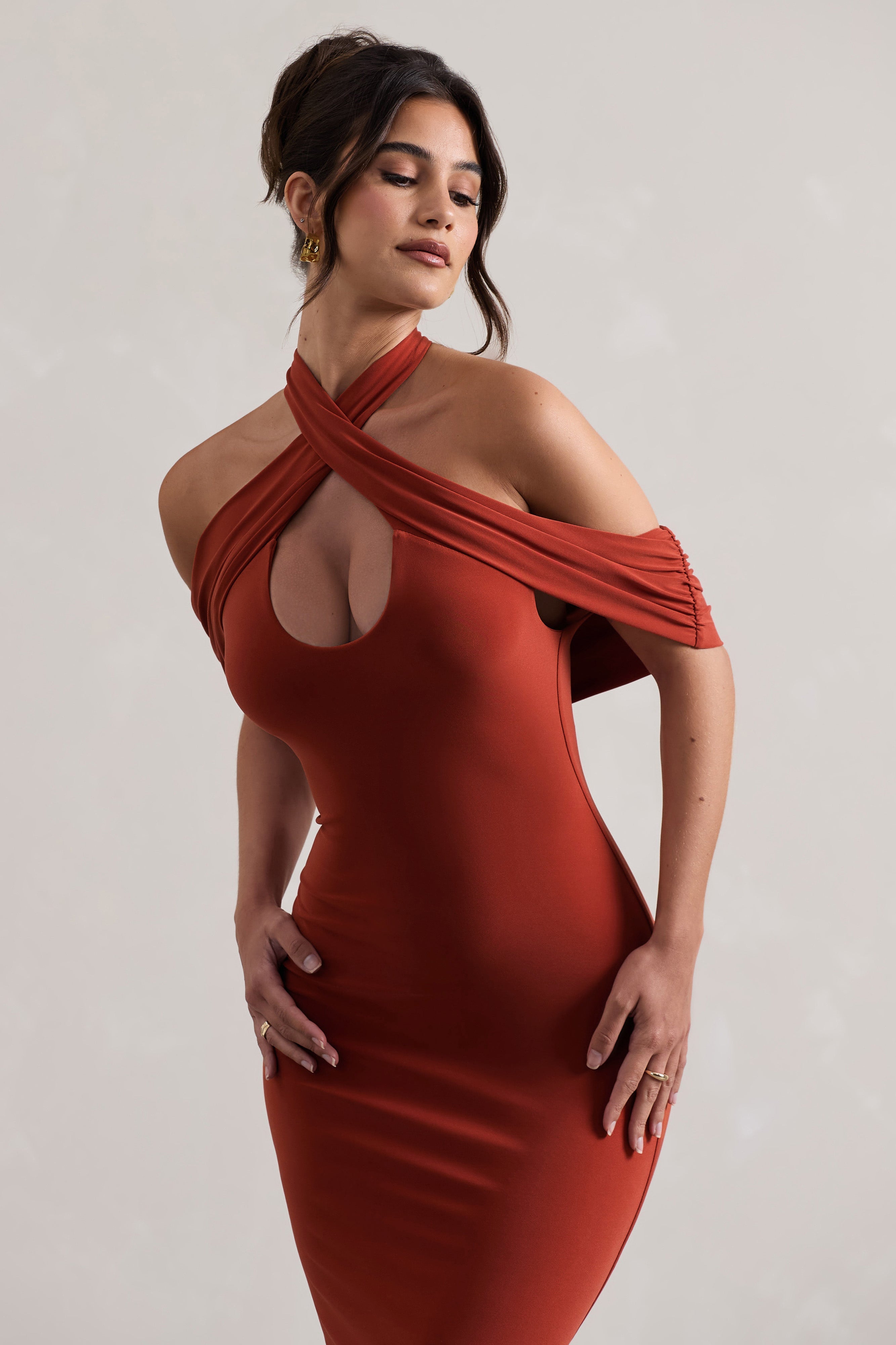 Terracotta Bodycon Halter-Neck Midi Dress With Cut-Out