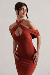 Terracotta Bodycon Halter-Neck Midi Dress With Cut-Out