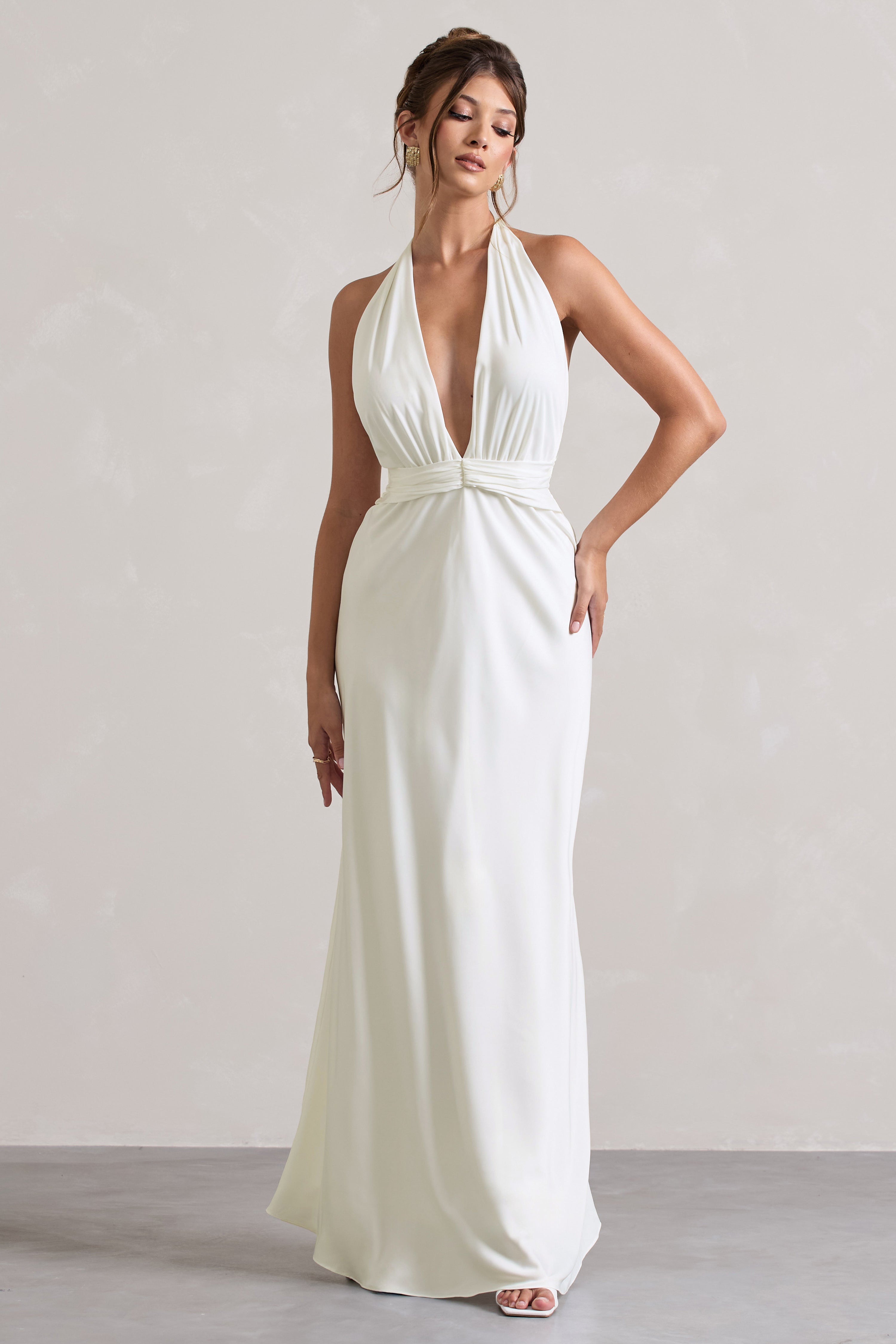 Ivory Satin Plunge Maxi Dress With Dipped Hem