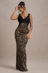 Leopard Print Satin V-Neck Maxi Dress With Black Lace Trim