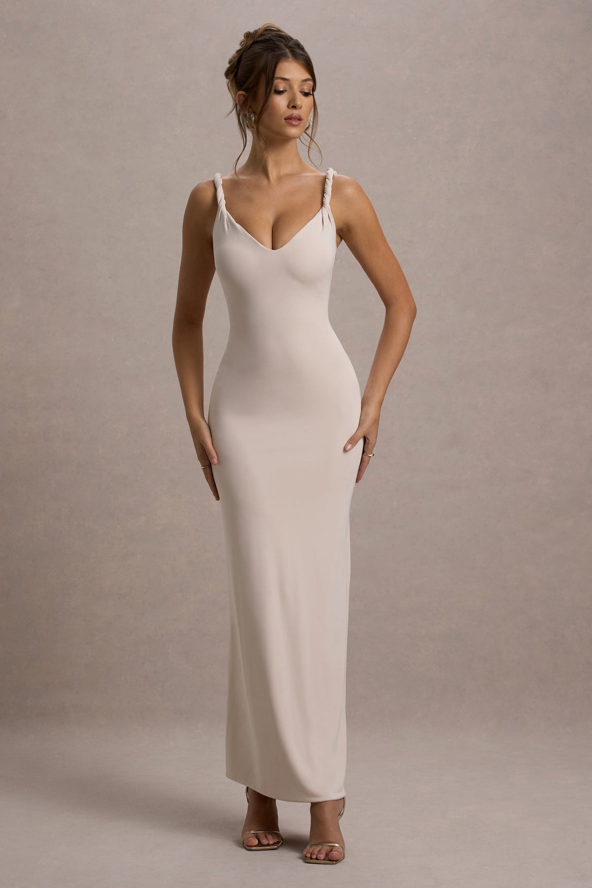 Champagne Twist-Neck Maxi Dress