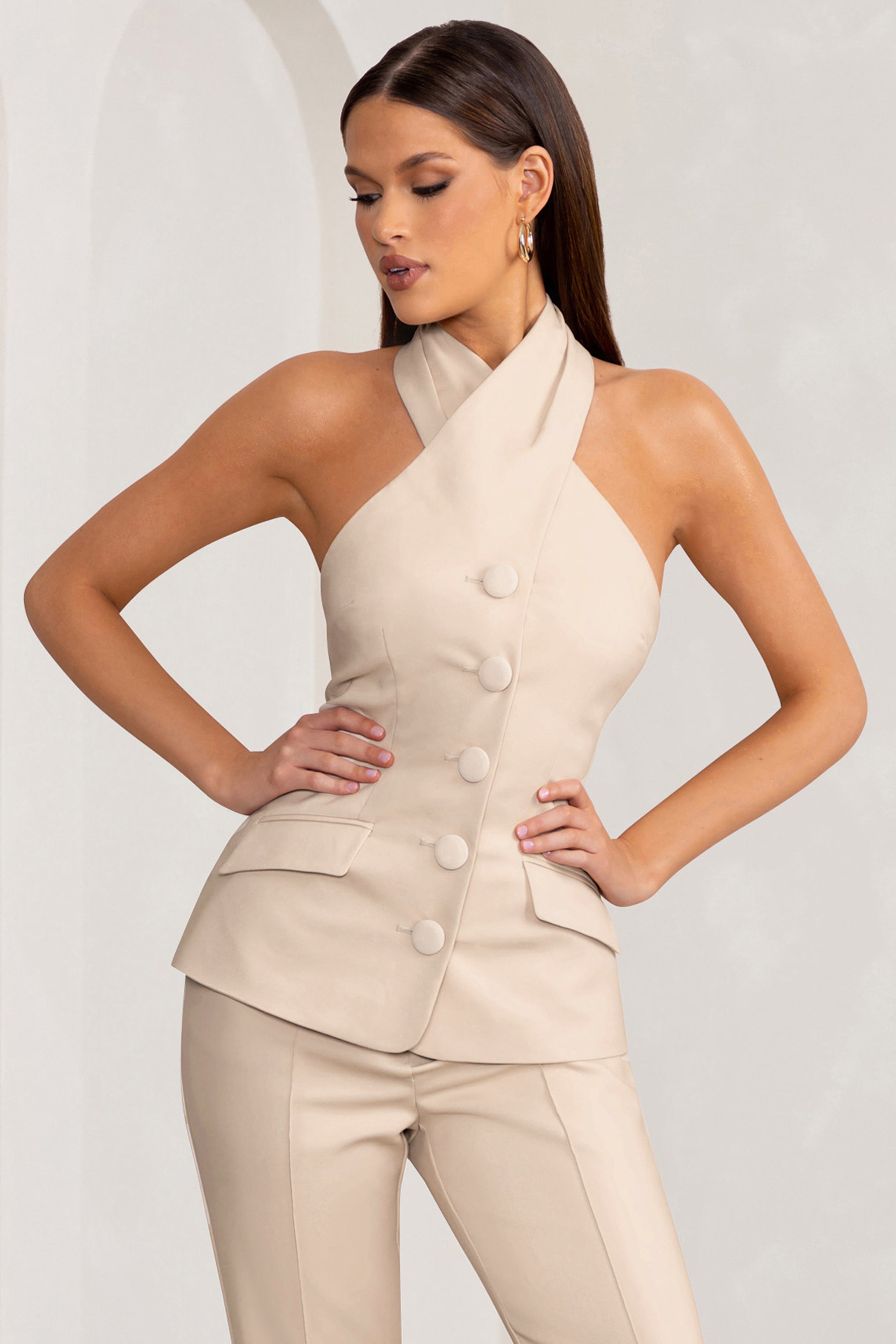 Stone Cross Halter Neck Sleeveless Tailored Top