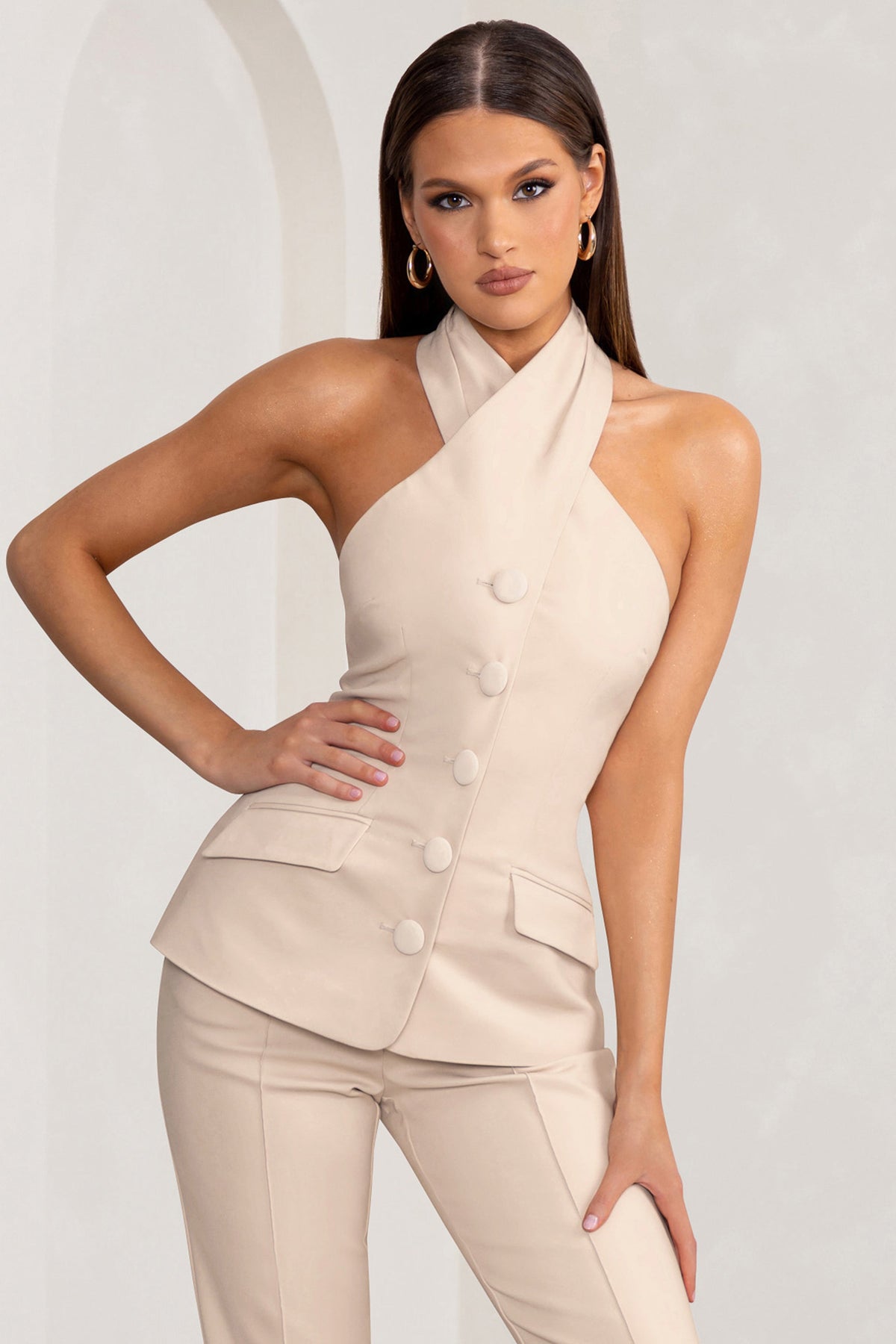 Stone Cross Halter Neck Sleeveless Tailored Top