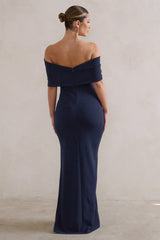 Navy Bardot Bow Detail Maxi Dress With Thigh Split