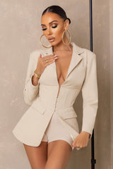 Cream Plunge Corset Waist Blazer